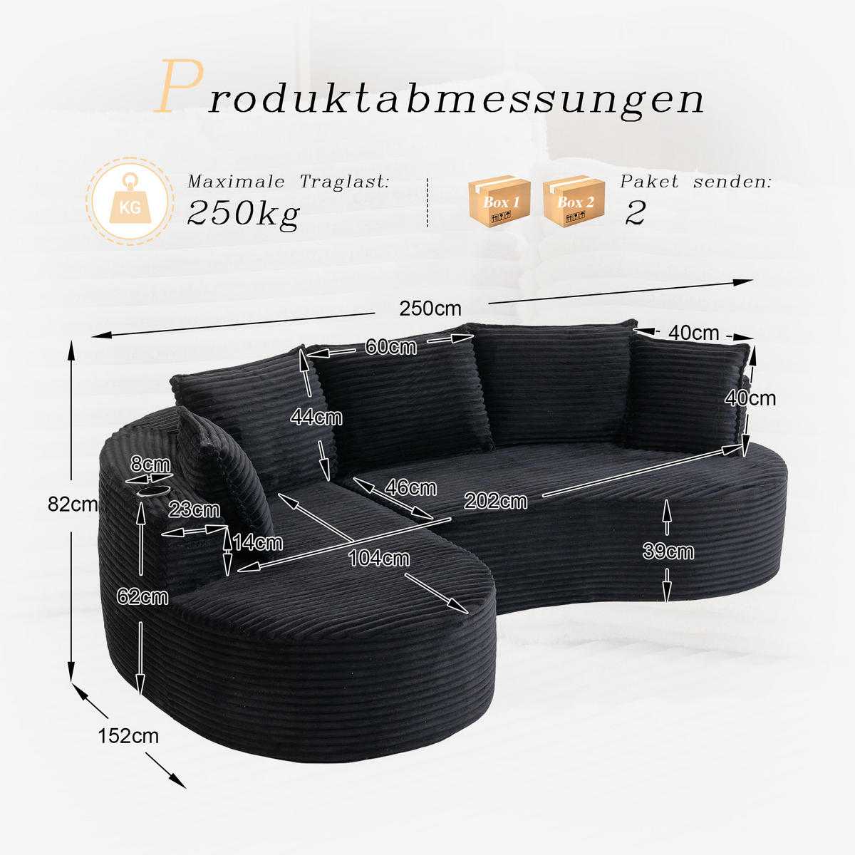 ECKSOFA Cord Schwarz mit Getränkehaltern, Seitentaschen und Kissen - Schwarz, Textil (250/152cm) - WISHDOR