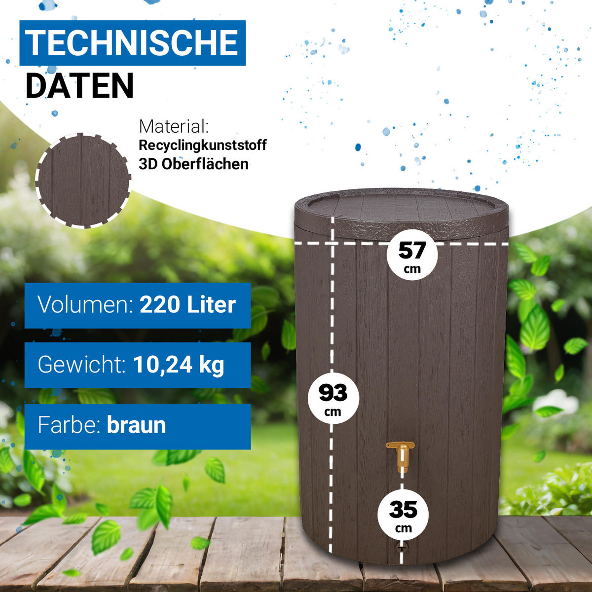 REGENTONNEN Komplett-Set 220 L braun inkl. Kunststoff-Auslaufhahn und Fallrohranschluss - Braun, Kunststoff (57/93/59cm) - 4rain