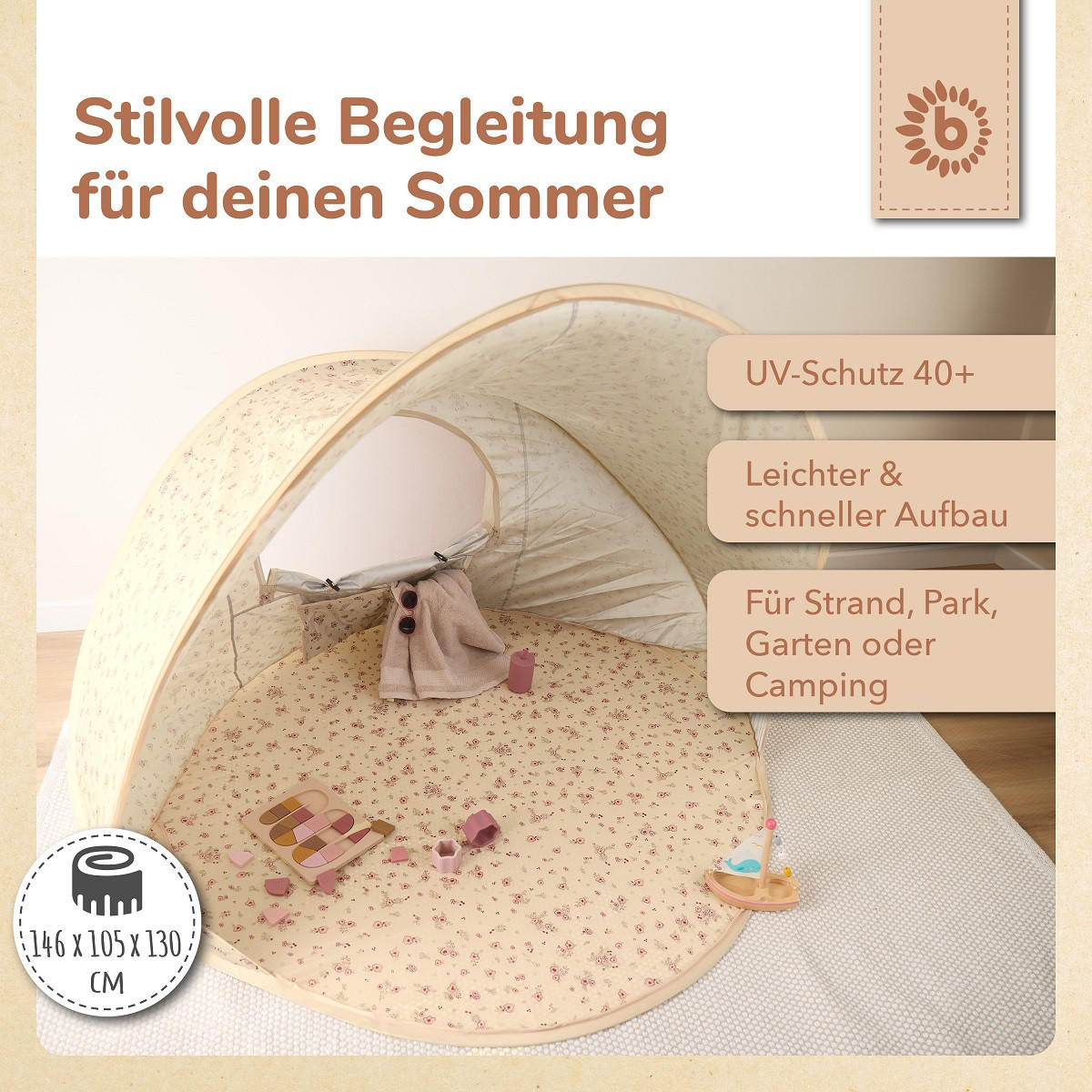 STRANDMUSCHEL Pop-up, UV-Schutz 40+ - Creme, Textil (105/146cm) - Bieco Spielwaren