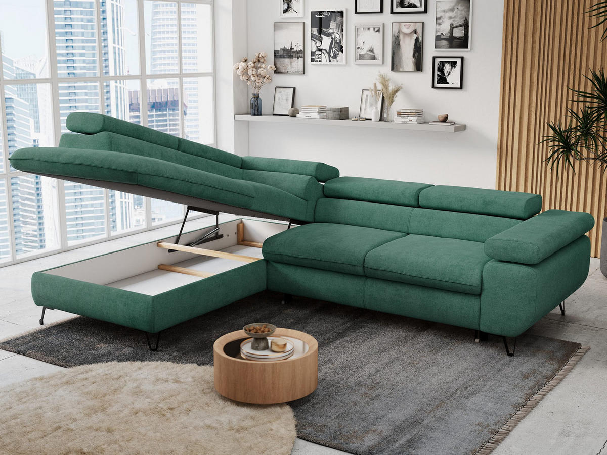 ECKSOFA PETER L Grün Struktur - Links Seite - Schwarz/Grün, Textil/Metall (208/273cm) - MKS
