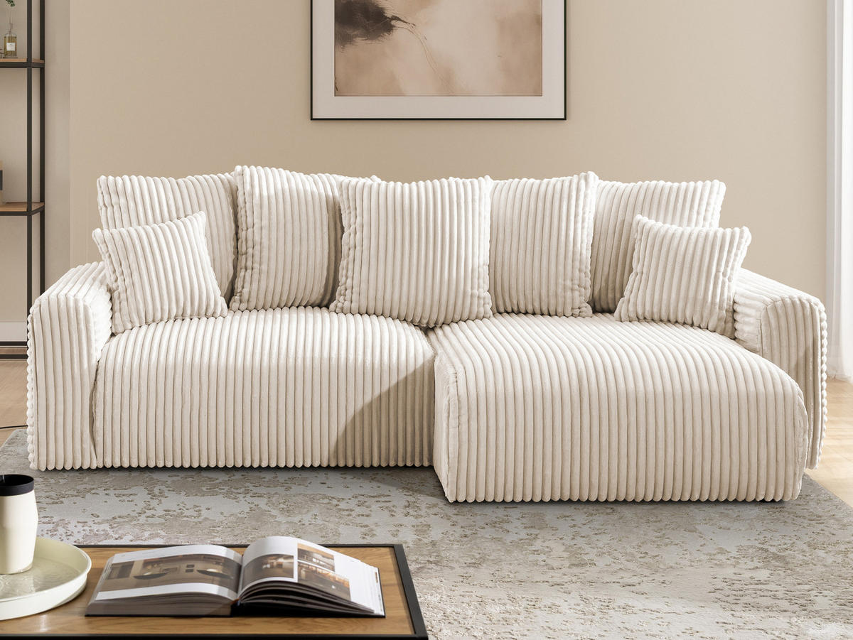 ECKSOFA Calma mit Schlaffunktion und Bettkasten im Bumpy-Design aus weichem Creme Plüschcord - Ottomane rechts - Creme/Schwarz, Holz/Kunststoff (140/239cm) - S-Style
