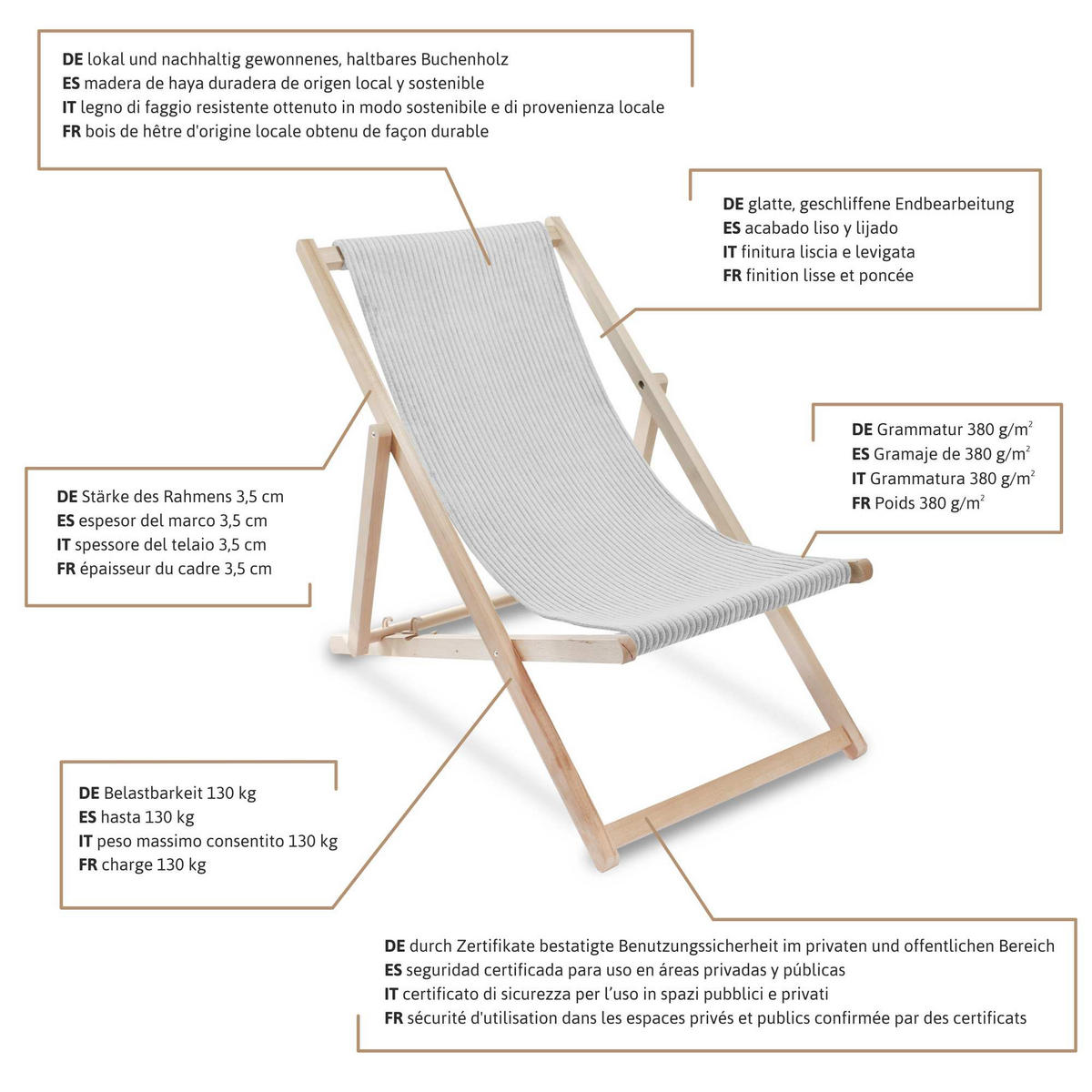 HOLZLIEGESTUHL klappbar Buchenholz Cord-Gewebe Storm Gray M - Hellgrau/Grau, Holz/Textil (54/85/92cm) - Dreamroots