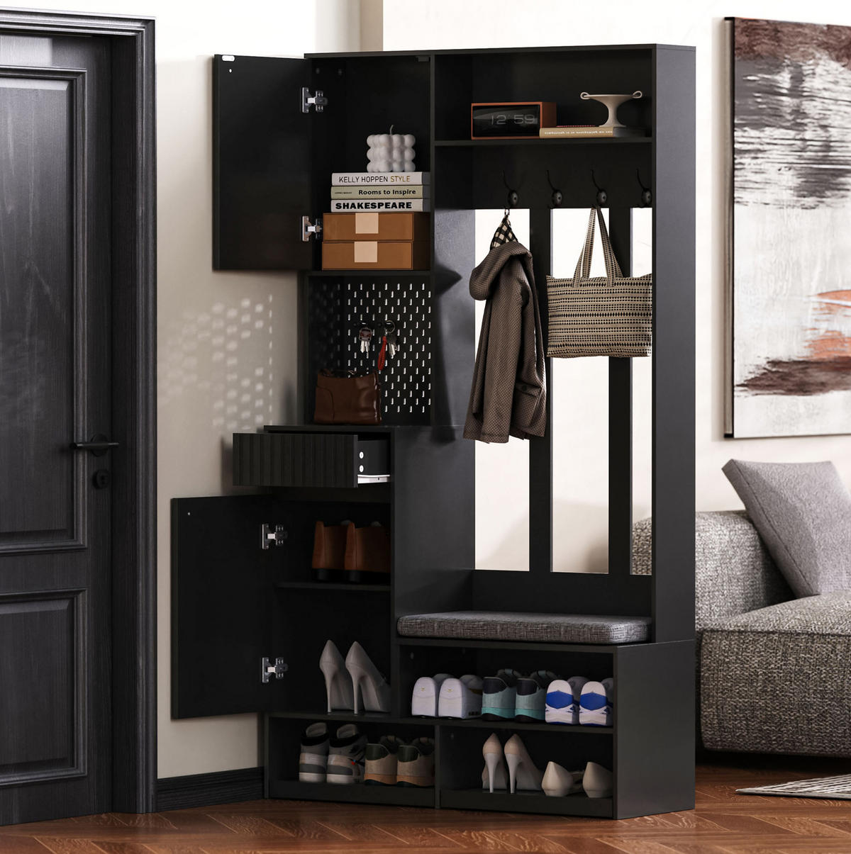 DIELENGARDEROBE mit Sitzbank, 4 Haken und Schubladen in Schwarz, 100/35/180 cm - Schwarz, Holzwerkstoff (100/180/35cm) - BEAOK