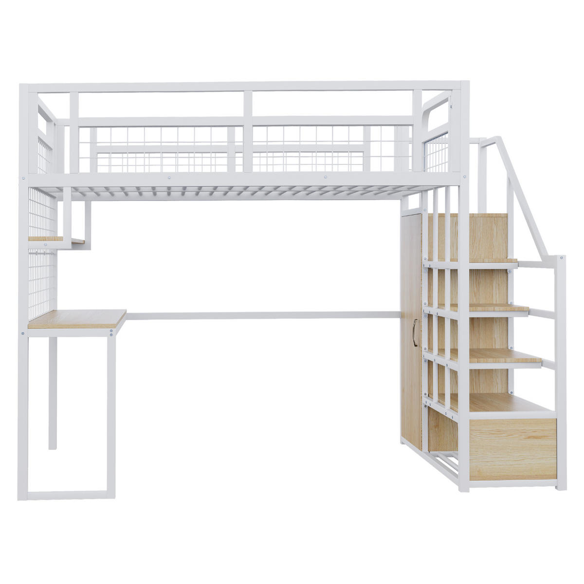 HOCHBETT 140/200 cm in Weiß mit Stauraumtreppe, Kleiderschrank, Tisch und LED - Weiß, Holz/Metall (140/200cm) - STILVORA