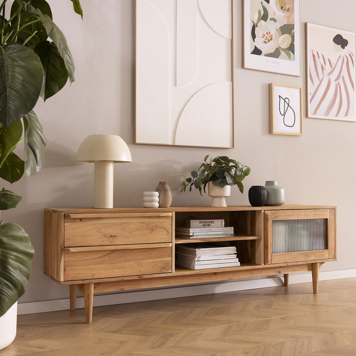 MASSIVES LOWBOARD - Akazie massiv - Akaziefarben, Glas/Holz (180/55/35cm) - home24