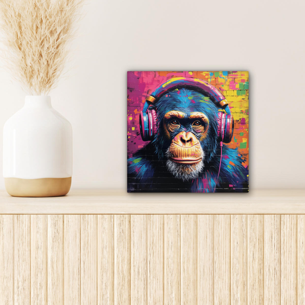 LEINWANDBILD Graffiti - Schimpanse - Straßenkunst - Kopfhörer - Affe Deko Wohnzimmer 20x20 cm - Blau, Textil (20/20cm) - MuchoWow