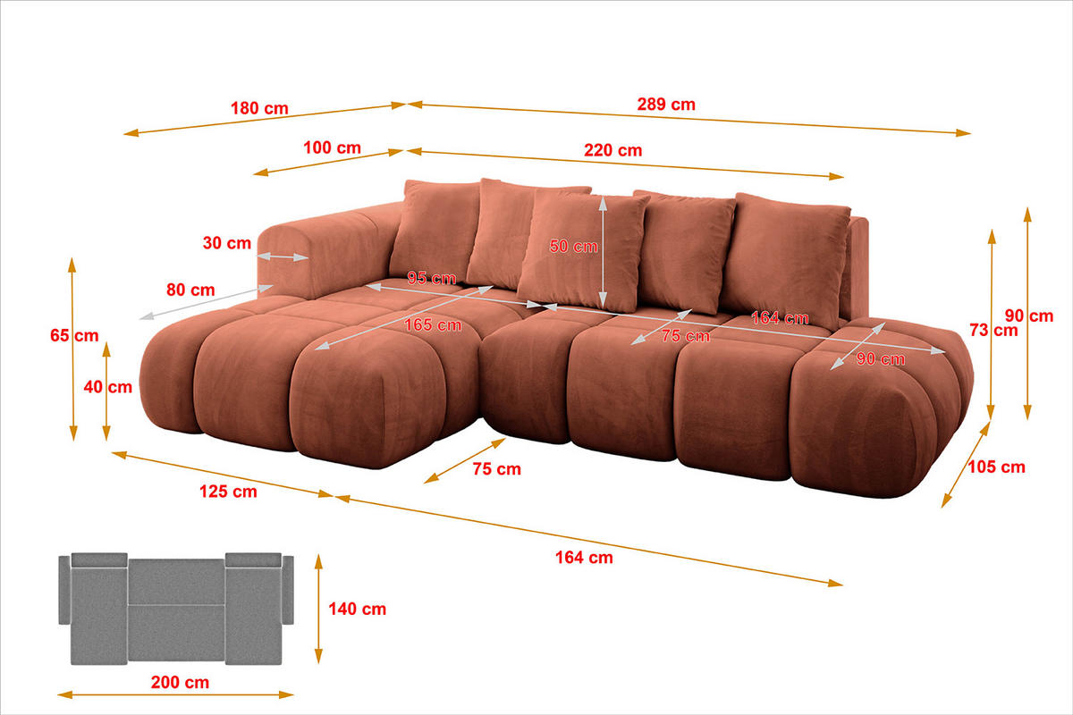 ECKSOFA Ottomane Links CLOUD-L-v1 289x180x40 Apricot Velours - Koralle, Holzwerkstoff/Kunststoff (180/289cm) - ALTDECOR