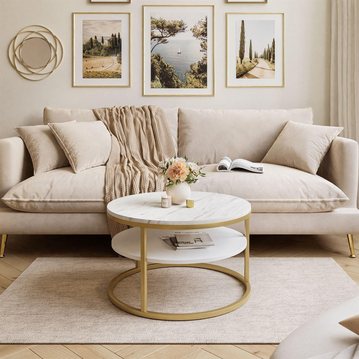 COUCHTISCH CIRI SLIM LEVANTO mit Regal - Goldfarben, Holzwerkstoff (60/60/42cm) - Lookway
