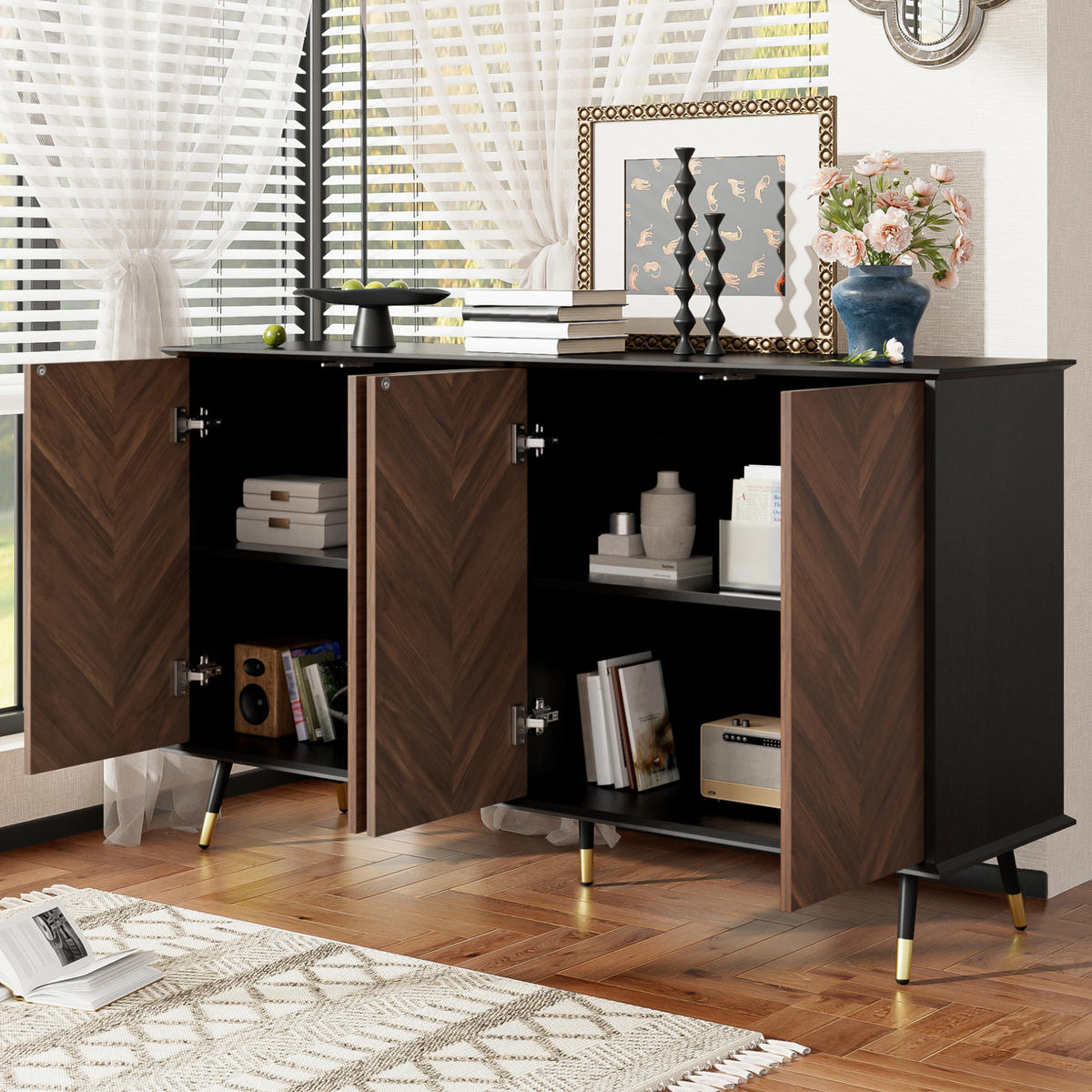 SIDEBOARD 140/40/80 cm schwarz/braun aus MDF mit 4 Türen - Schwarz, Holzwerkstoff (140/80/40cm) - OKWISH