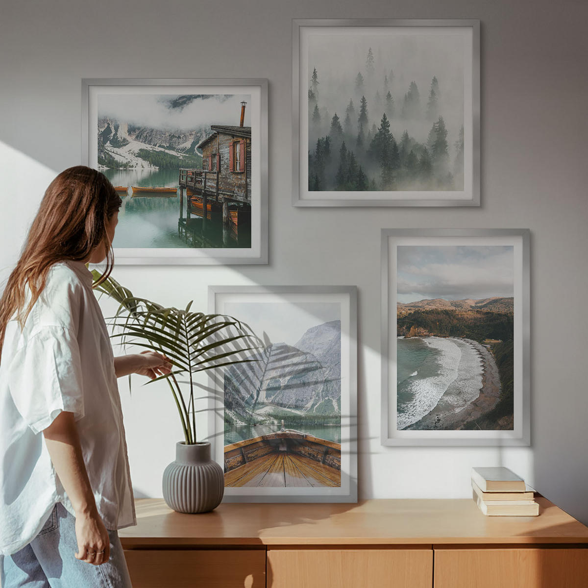 BILDER SET 4er Set - 50x50 cm & 40x60 cm Silberner Rahmen - Berge, See, Boot, Nebel, Strand - Silberfarben, Kunststoff (50/50cm) - TULUP