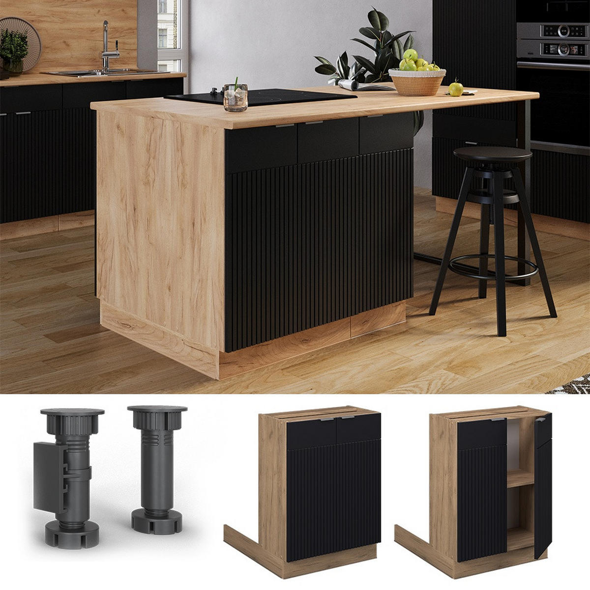 KÜCHENINSEL Fame-Line Schwarz gestreift 60 cm ohne Arbeitsplatte - Honigeiche/Schwarz, Holzwerkstoff (60/82/30cm) - Vicco