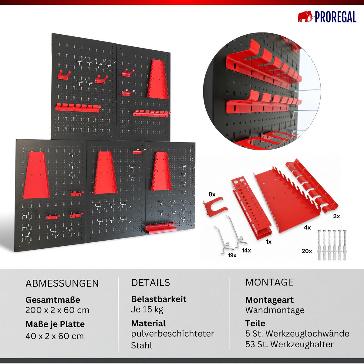 WERKZEUGWAND Ares Werkzeug Lochwand inkl. Halterungen 200x60cm - Schwarz, Metall (200/60/2cm) - PROREGAL