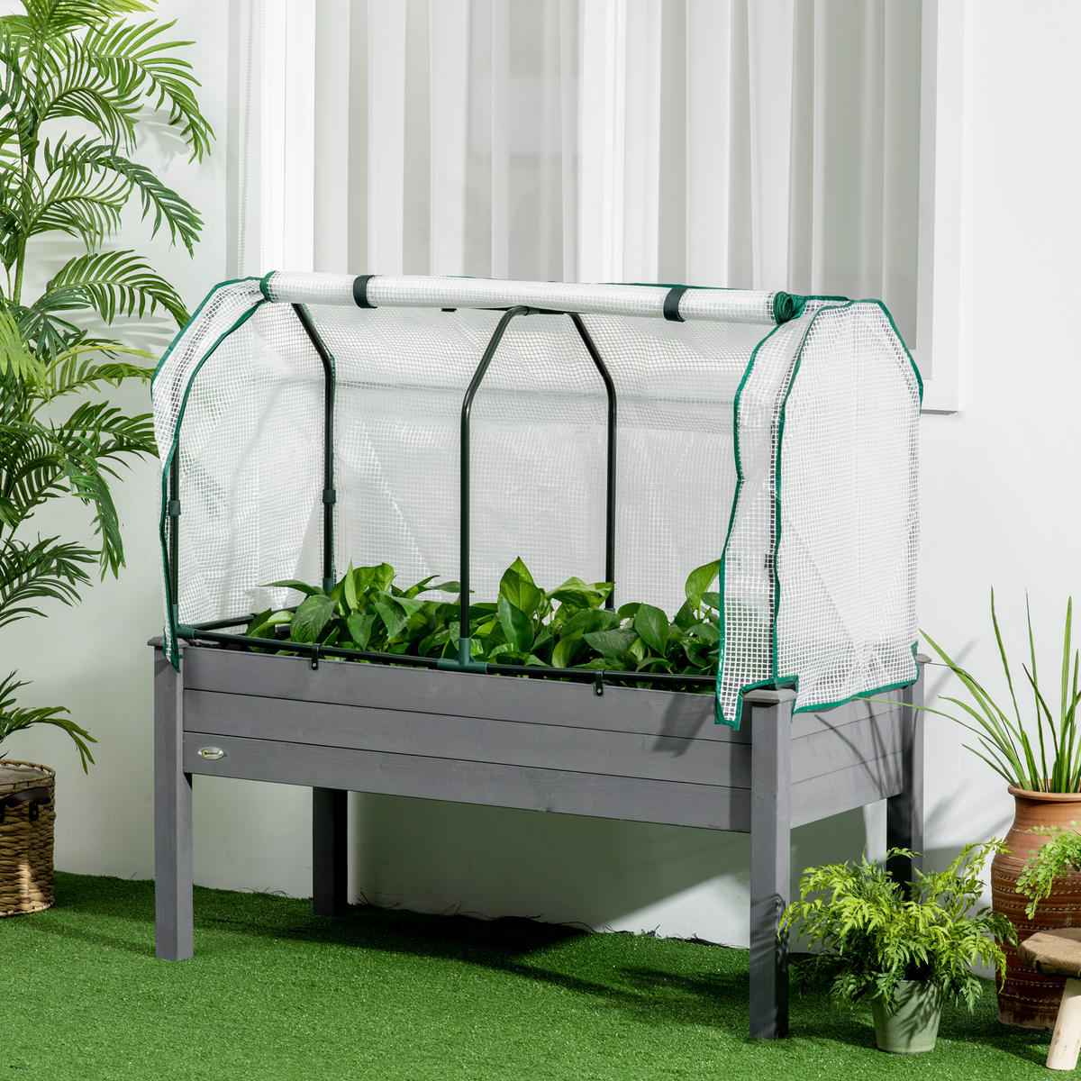 HOCHBEET DE-16039 mit PE-Abdeckung Natur - Dunkelgrau, Holzwerkstoff (121/117/55cm) - ComfortXL