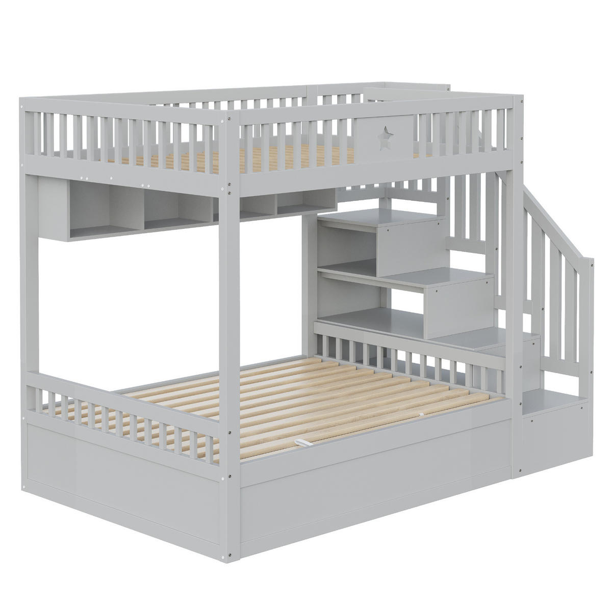 HOCHBETT aus Holz 140x200 cm Grau mit hydraulischem Stauraum, Regalen, Treppenschubladen und Sicherheitsgeländer - Grau, Holzwerkstoff (140/200cm) - Modfu