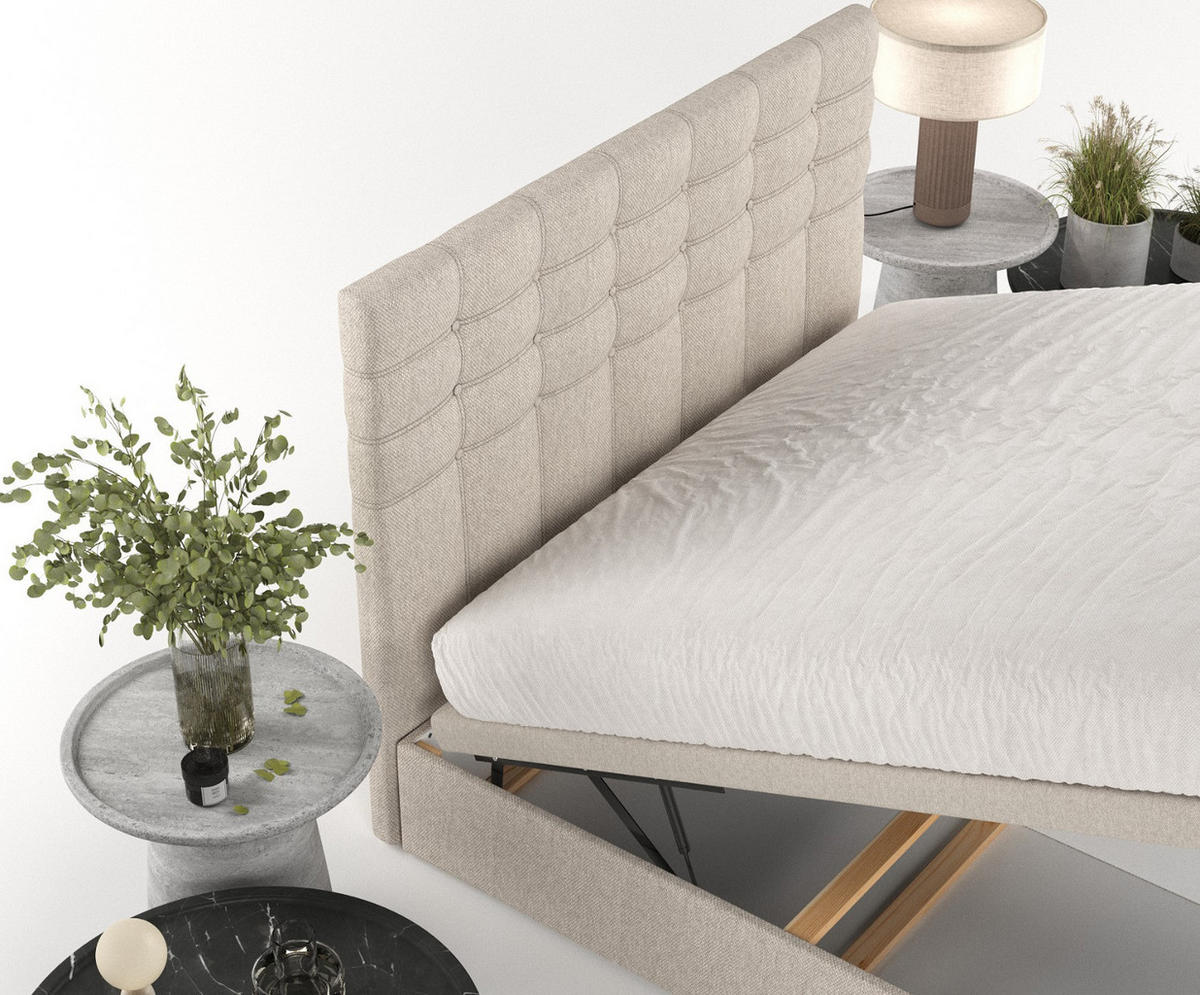 POLSTERBETT Callo mit Stauraum 200/200 cm Hellbeige im Megan Stoff - Sandfarben/Schwarz, Holz/Holzwerkstoff (200/200cm) - AltaBeds