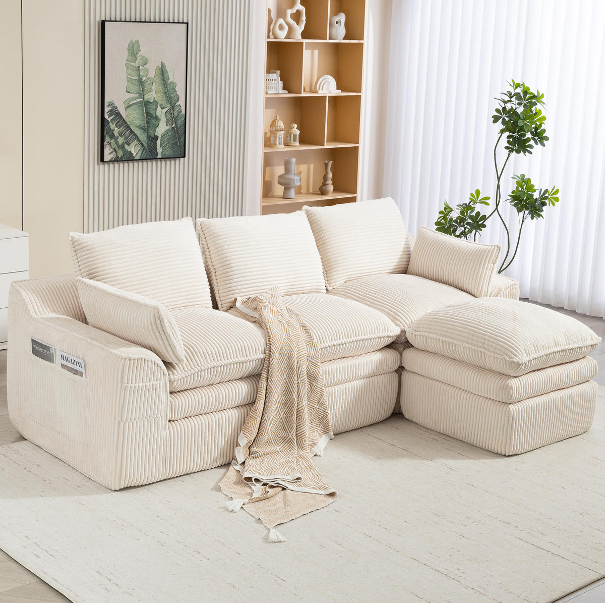 3-STIZER Sofa 263/167/85 cm mit Hocker, Seitentaschen und Federkern, Cord Beige - Beige, Textil (263/85/167cm) - Redom