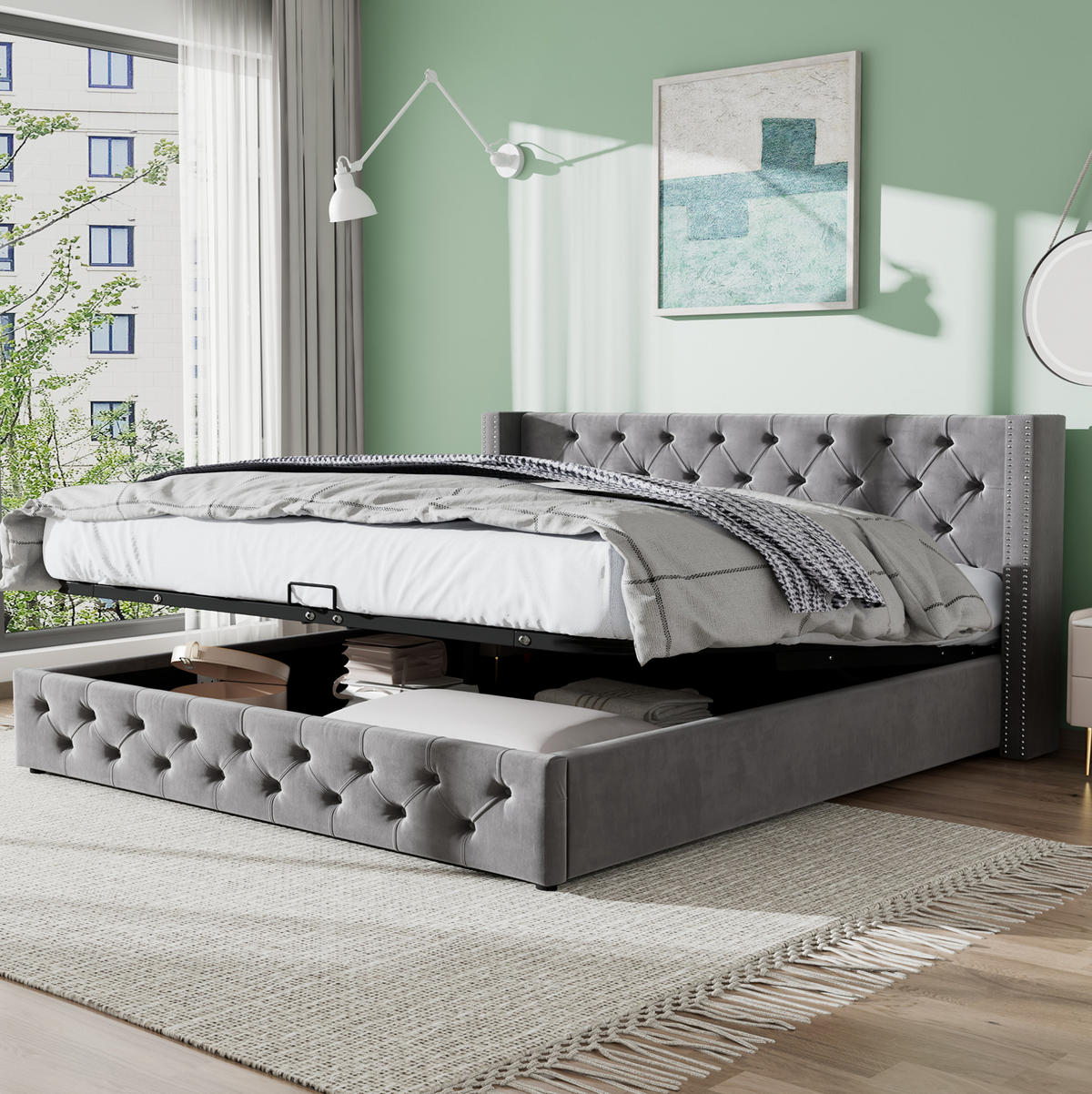 POLSTERBETT mit Bettkasten 140x200 cm Samt Grau - Grau, Metall (140/200cm) - Meubliv
