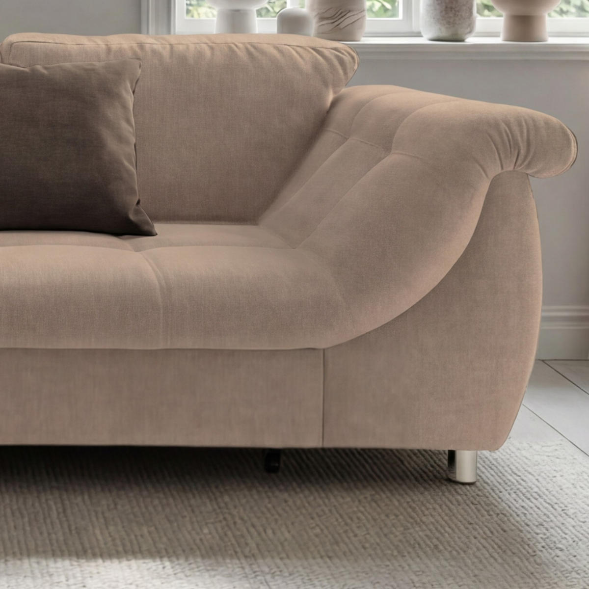 ECKSOFA mit Schlaffunktion, Wellenunterfederung, Ottomane links B250/T190/H84 cm, Liegefl. 179x190 cm, Mikrofaser Hellbraun / 17012 - Hellbraun/Chromfarben, Textil/Metall (250/190cm) - luma-home