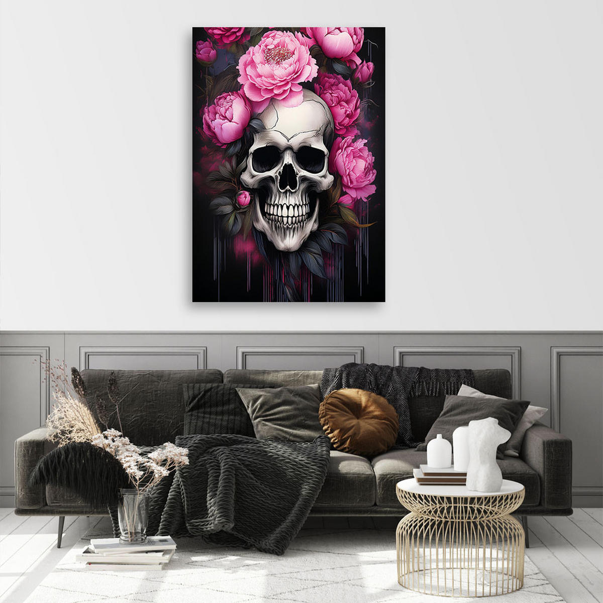 WANDBILD totenkopf rosa pfingstrosen blumen - Pink, Textil (40/60cm) - Feeby