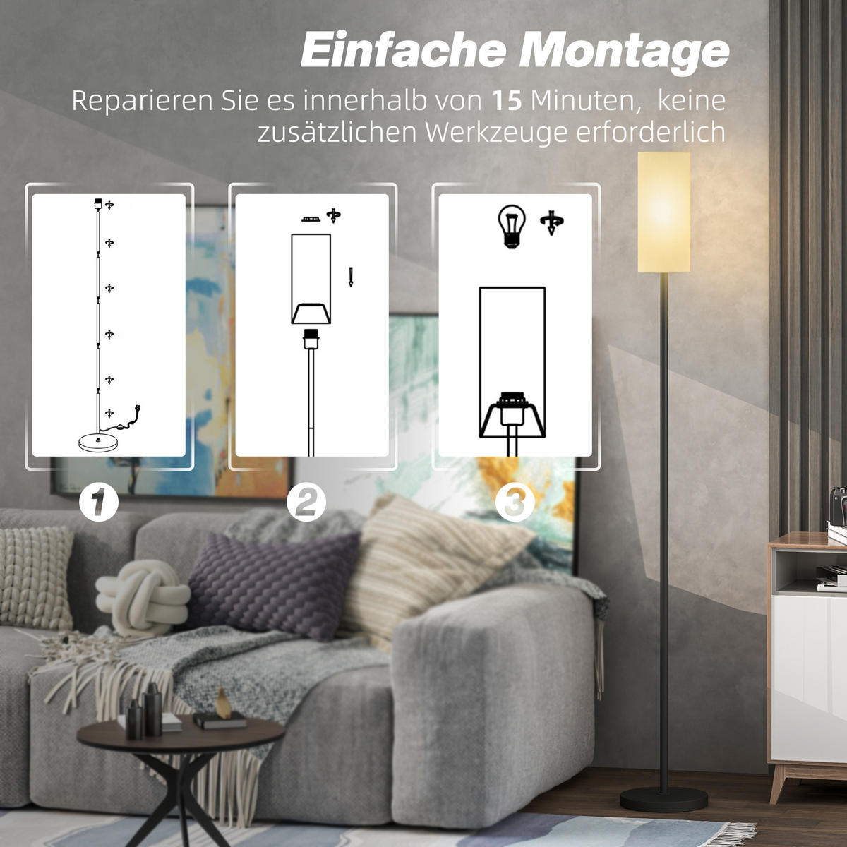 STEHLAMPE, Stehleuchte mit Lampenschirm aus Stoff, E27 Fassung Weiß - Schwarz, Metall (22/22/163cm) - HOMCOM