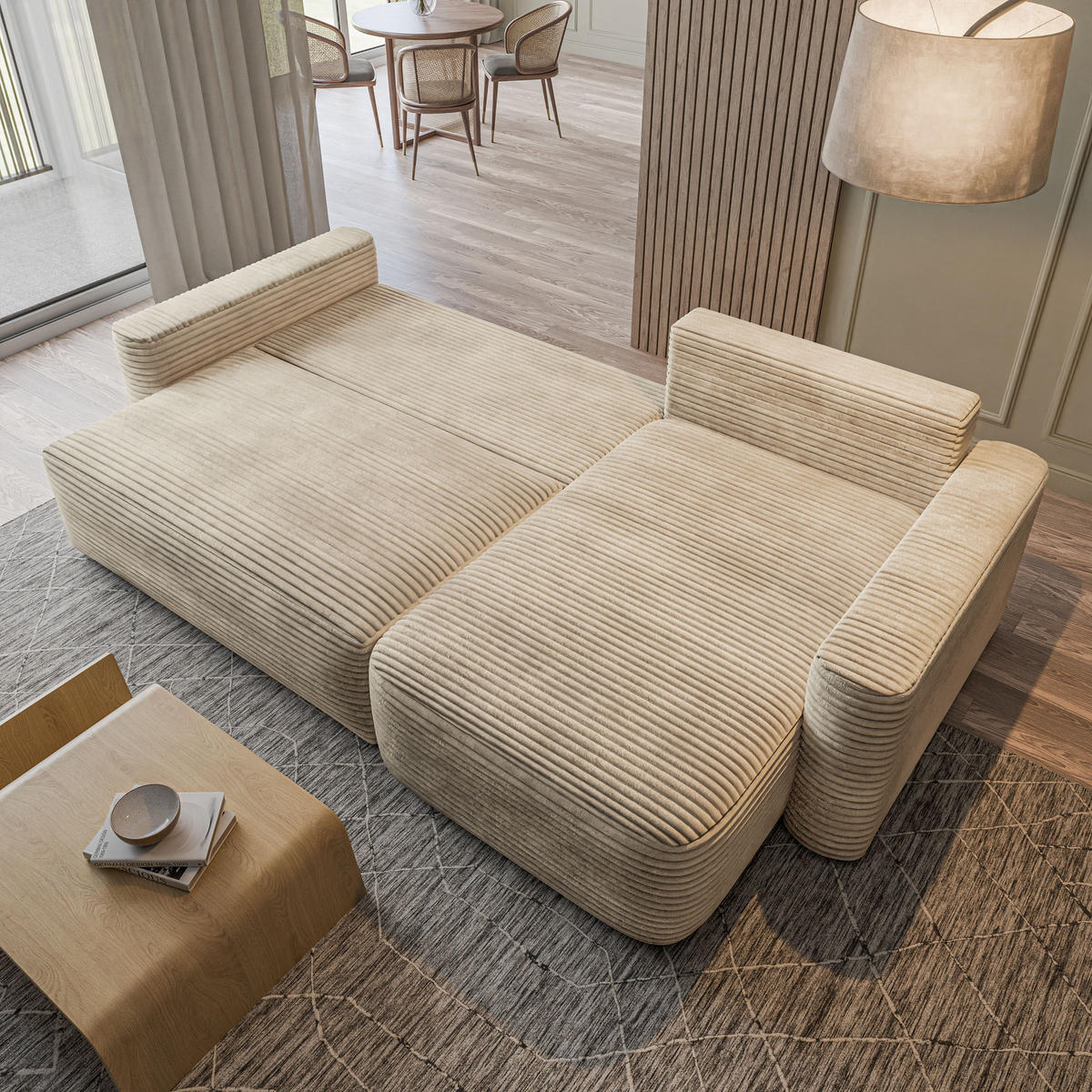 ECKSOFA NERI T Creme Kordstoff mit Schlaffunktion - Creme, Holzwerkstoff/Textil (280/157cm) - MASSENO