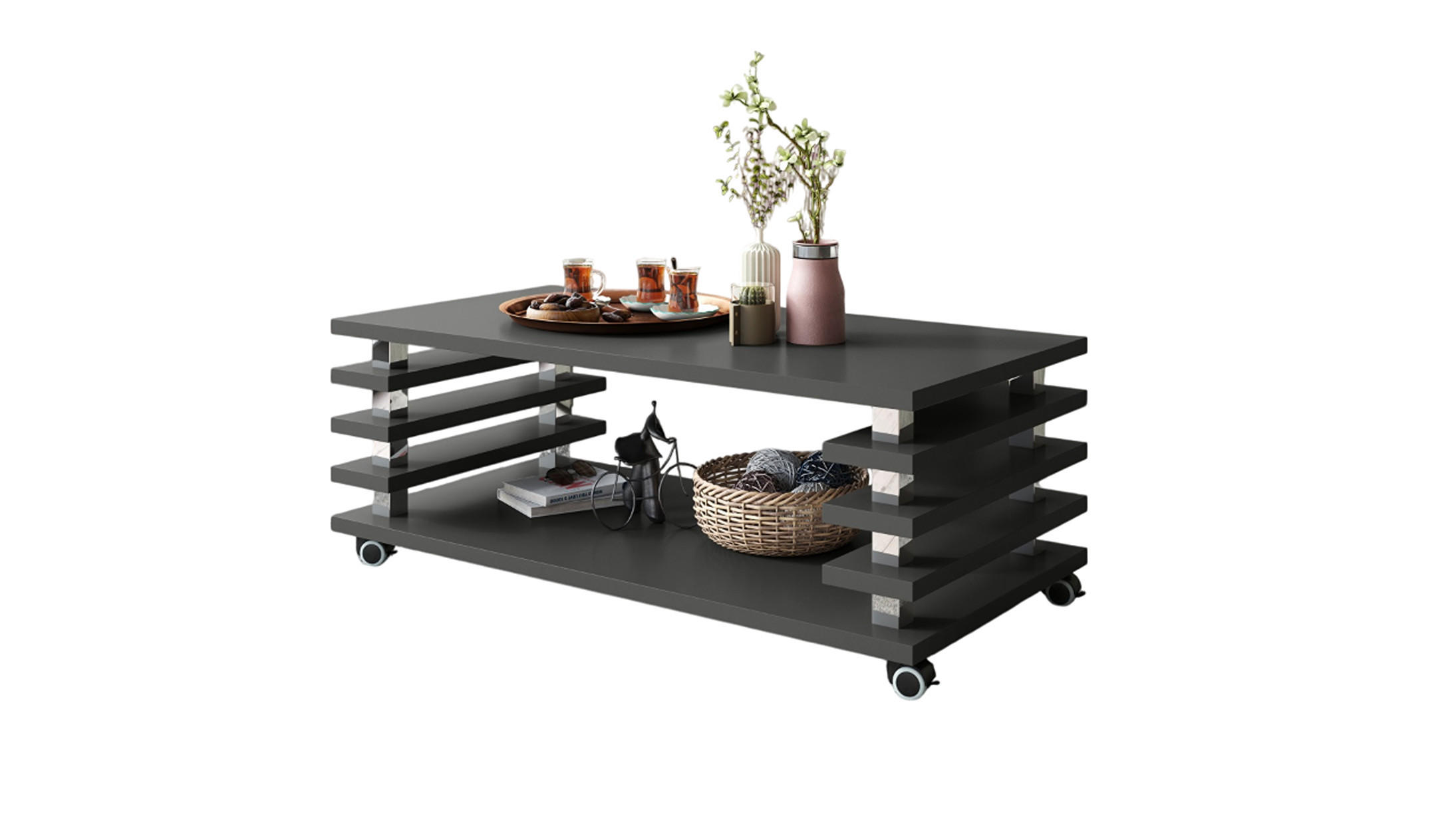 COUCHTISCH rechteckig Anthrazit matt Ablage Rollen - Anthrazit, Holzwerkstoff (60/120/45cm) - designimpex