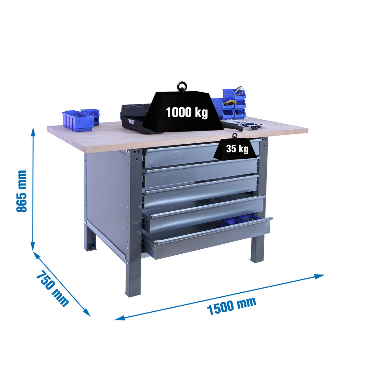 WERKBANK Buffalo Wood mit 5x Schublade HxBxT 86,5 x 150 x 75 cm Traglast 1000 kg Grau - Grau, Metall (150/86.5/75cm) - PROREGAL