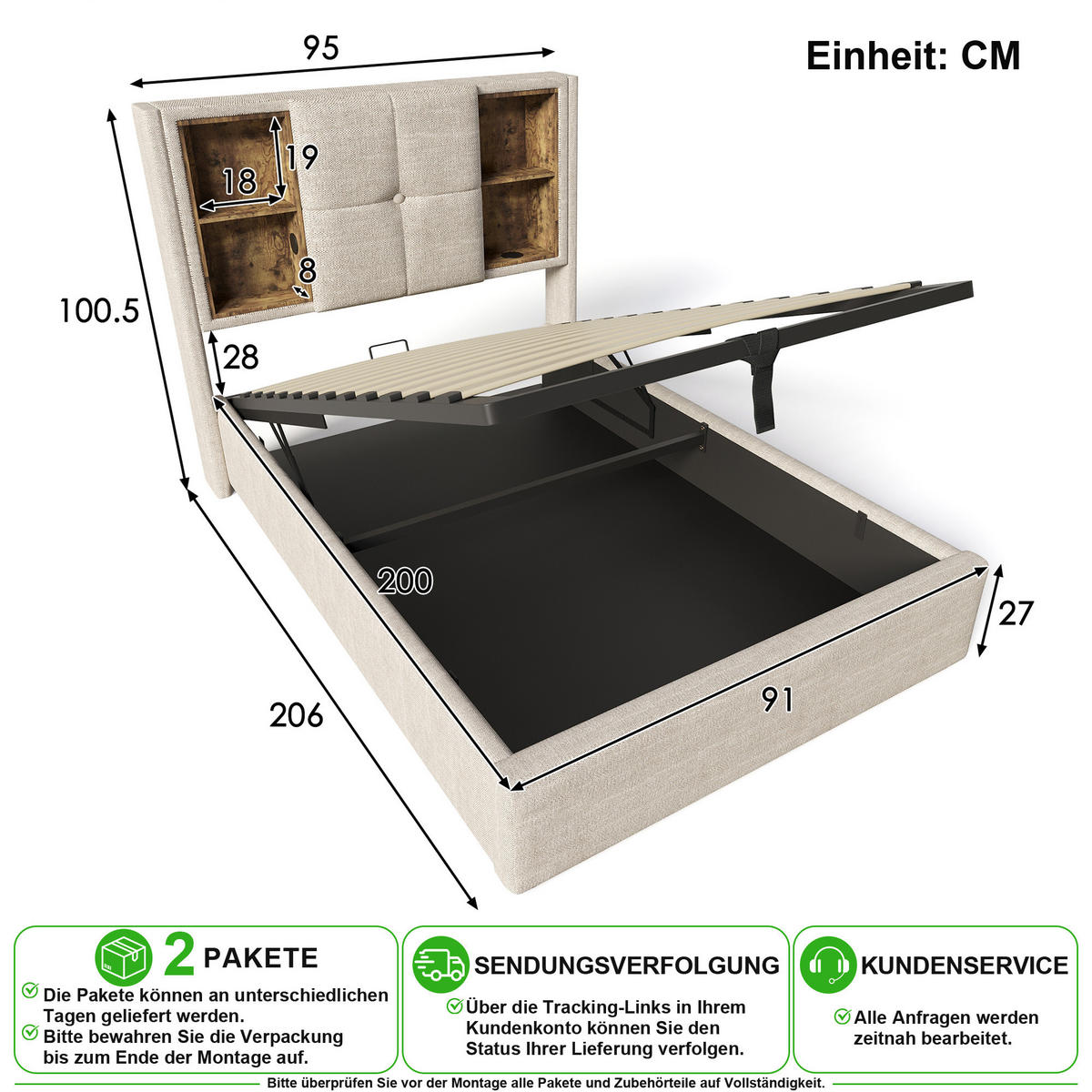 POLSTERBETT 90/200 cm in Natur Leinen mit Bettkasten, USB und Kabellosem Laden - Naturfarben, Holzwerkstoff/Textil (90/200cm) - CHICFURN