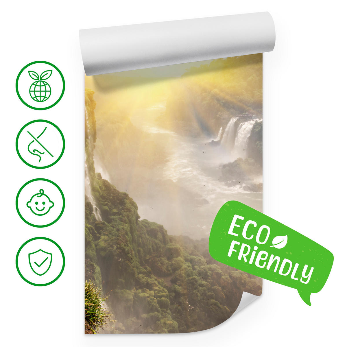 FOTOTAPETE für Wohnzimmer Wasserfall Sonnenaufgang Pflanzen 300x210 - Gelb/Beige, Papier (300/210cm) - Muralo