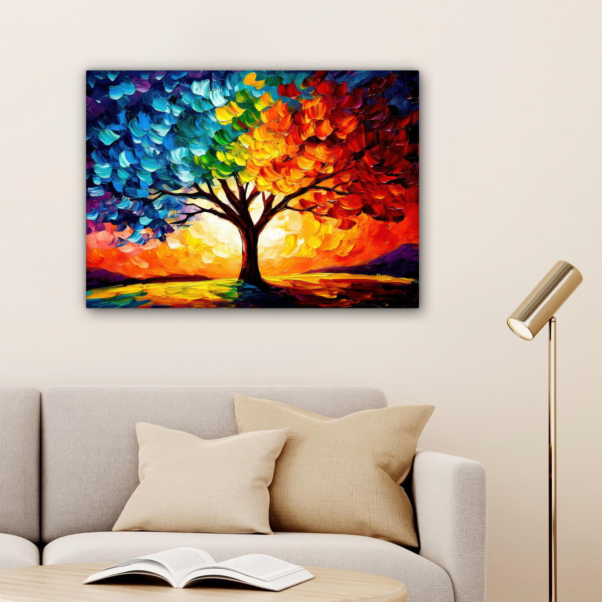 LEINWANDBILD - Baum - Kunst - Natur - Sonnenuntergang - 80x60 - Malerei - Multicolor, Textil (80/60cm) - MuchoWow