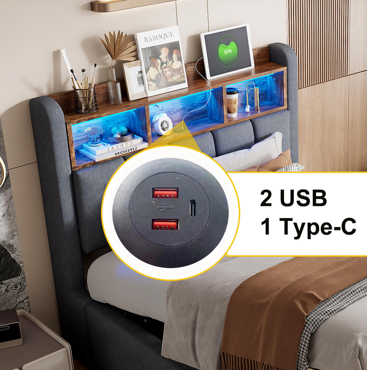 POLSTERBETT 90/200 cm mit LED-Beleuchtung, USB-C, Stauraum und hydraulischem Bettkasten, Leinenstoff, Grau - Grau, Textil (90/200cm) - Redom