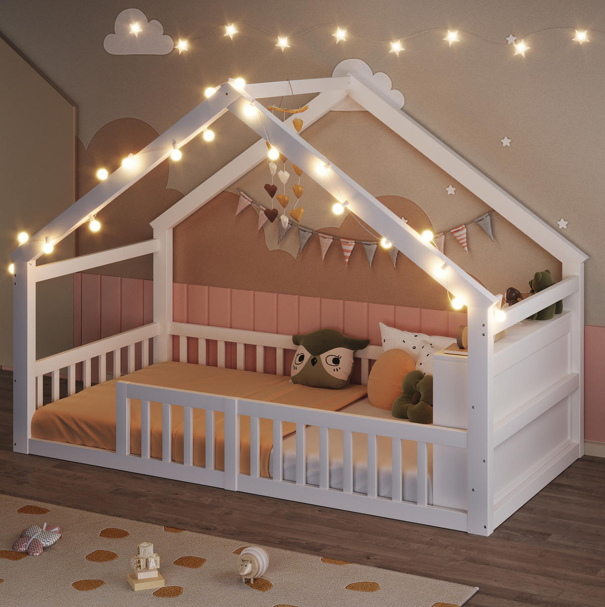 HAUSBETT 90/190 cm Weiß mit Schutzgitter und Regal - Weiß, Holz (90/190cm) - MIVRAY