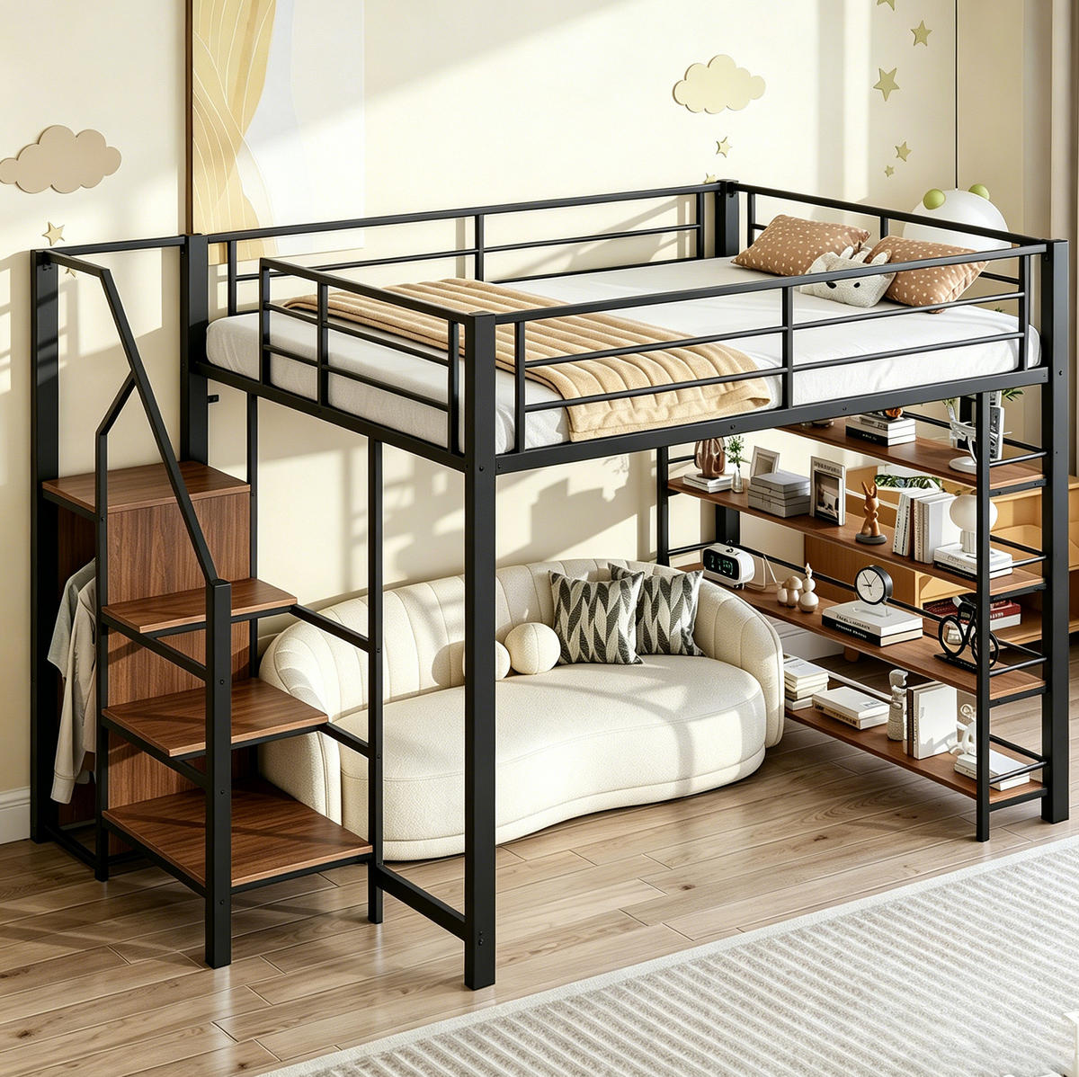 HOCHBETT 140/200 cm aus Metall und MDF mit Stauraumtreppe und Kleiderstange Schwarz - Schwarz, Metall (140/200cm) - Modenvie