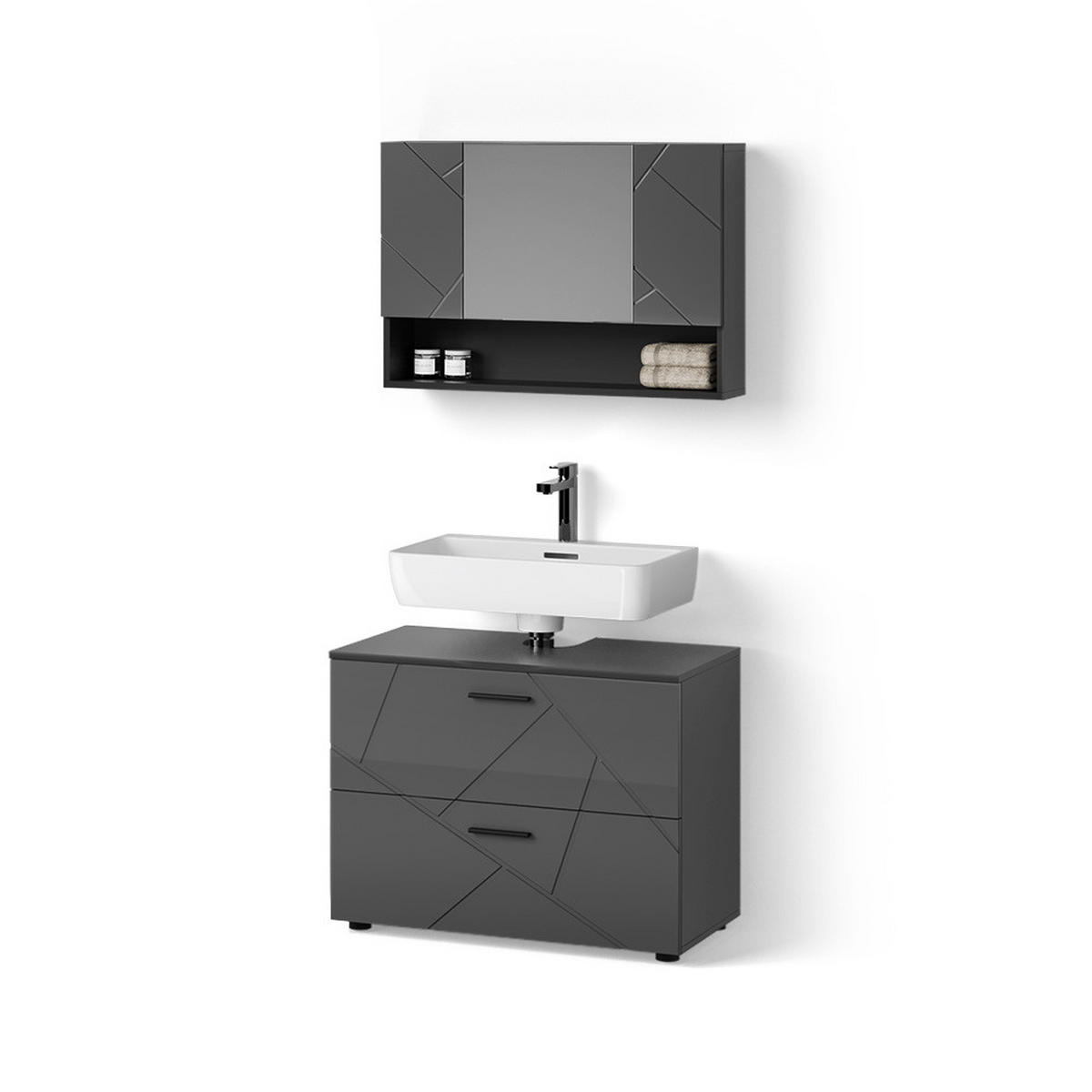 BADMÖBEL-SET Ronco Anthrazit Hochglanz 2 Teile, Unterschrank 80 cm - Anthrazit, Holzwerkstoff (41/80/58cm) - Livinity®