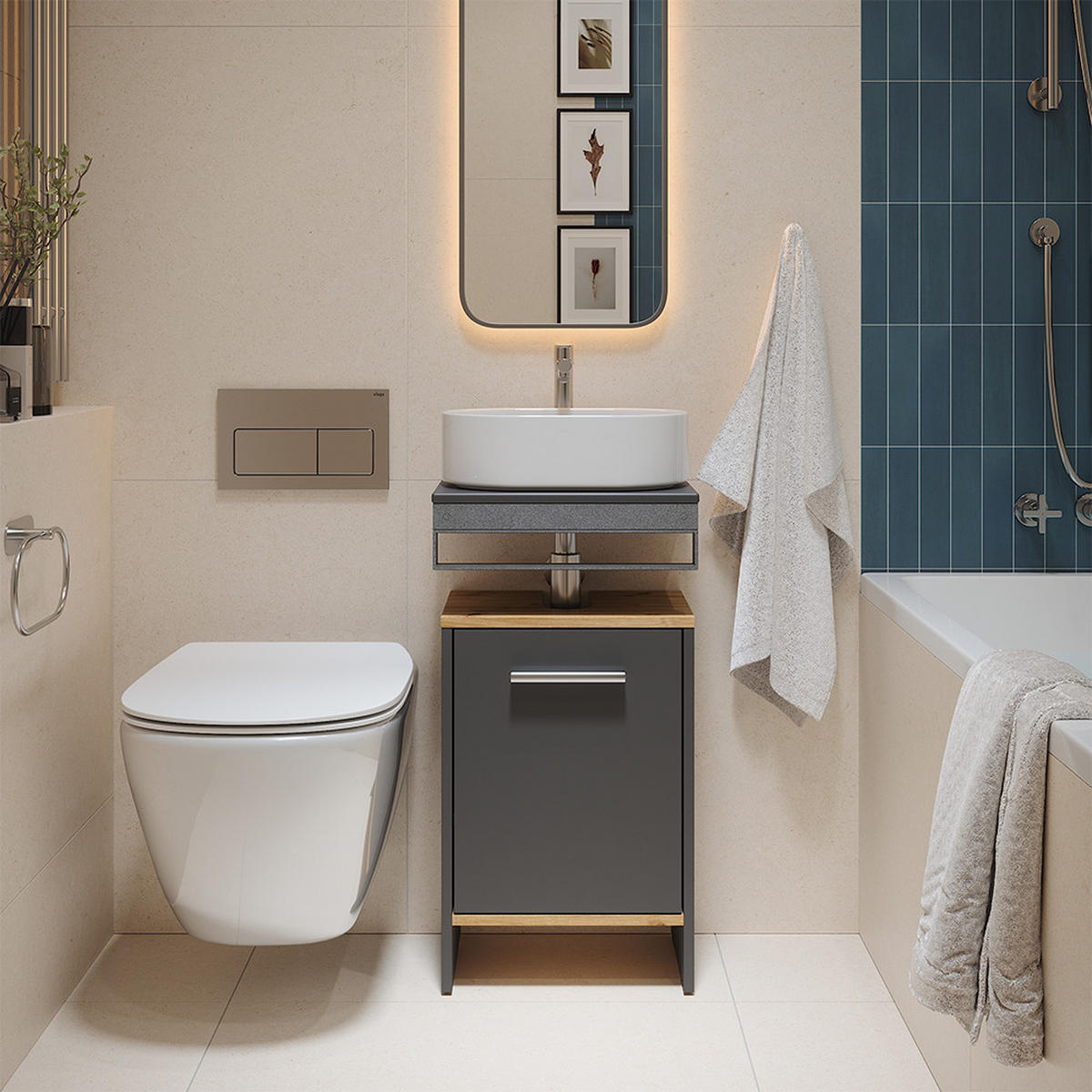 WASCHBECKENUNTERSCHRANK Karli Anthrazit/Goldkraft Eiche 38.2 x 57 cm mit der Tür - Anthrazit, Holzwerkstoff (38.2/57/26.3cm) - Vicco