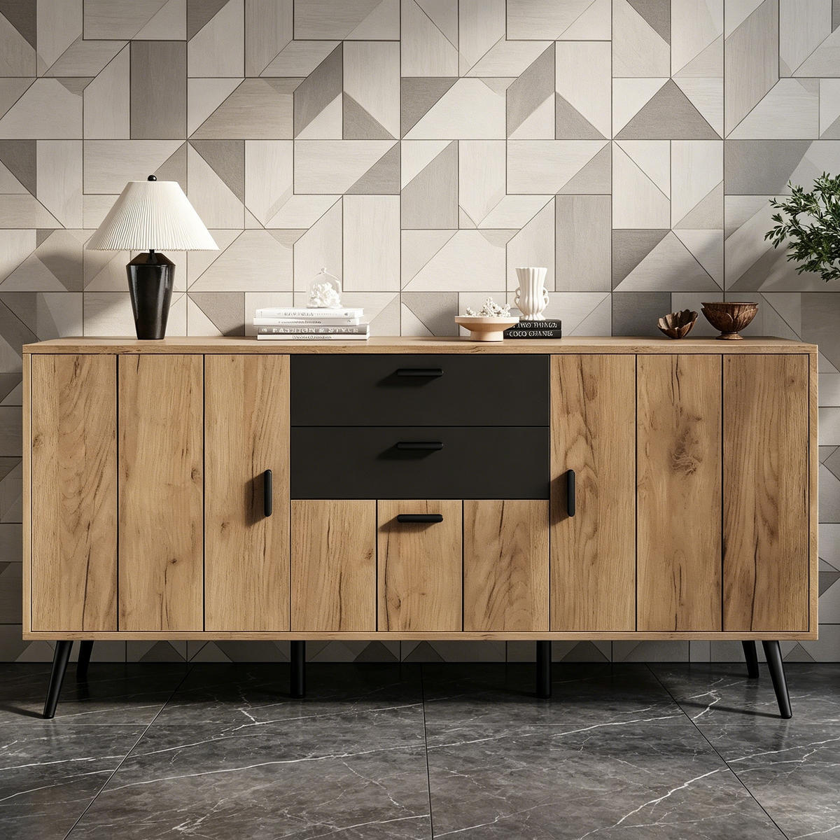 KUCHYŇSKÁ SKŘÍŇ v černé a přírodní barvě se 2 zásuvkami a 3 dvířky do obývacího pokoje, 140×35×67 cm - přírodní/černá, kompozitní dřevo (140/67/35cm) - STILVORA