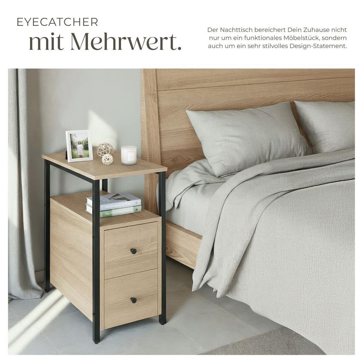 NACHTSCHRANK Tullamore, 30 x 49,5 x 61,5 cm, Industrial Holz hell, Eiche Sonoma - Naturfarben, Holzwerkstoff (30/61.5/49.5cm) - tectake