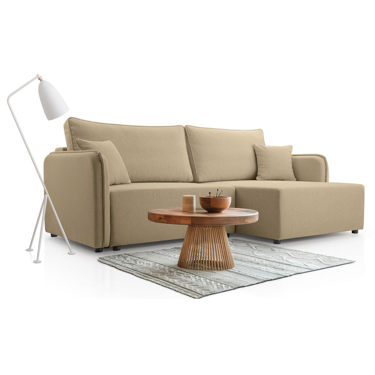 ECKSOFA Kassian, Beige Strukturstoff, rechtsseitig - Beige/Schwarz, Kunststoff/Textil (227/147cm) - Selsey