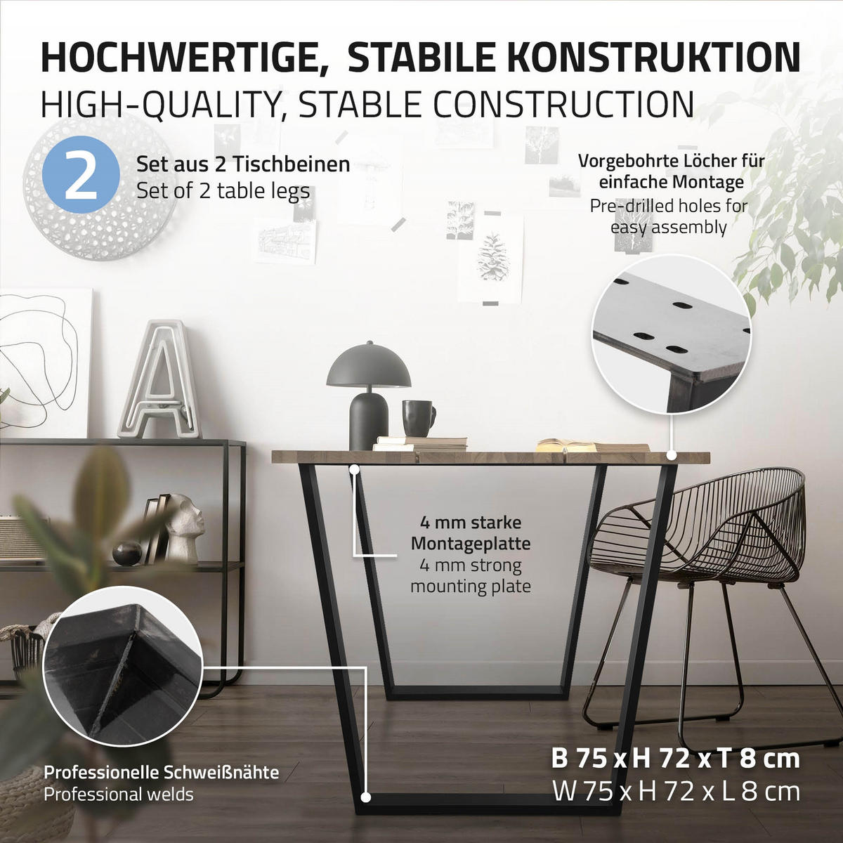 TISCHBEINE 2er Set V-Form 75 x 72 cm Dunkelgrau - Bronzefarben, Metall (75/8/72cm) - ML-DESIGN