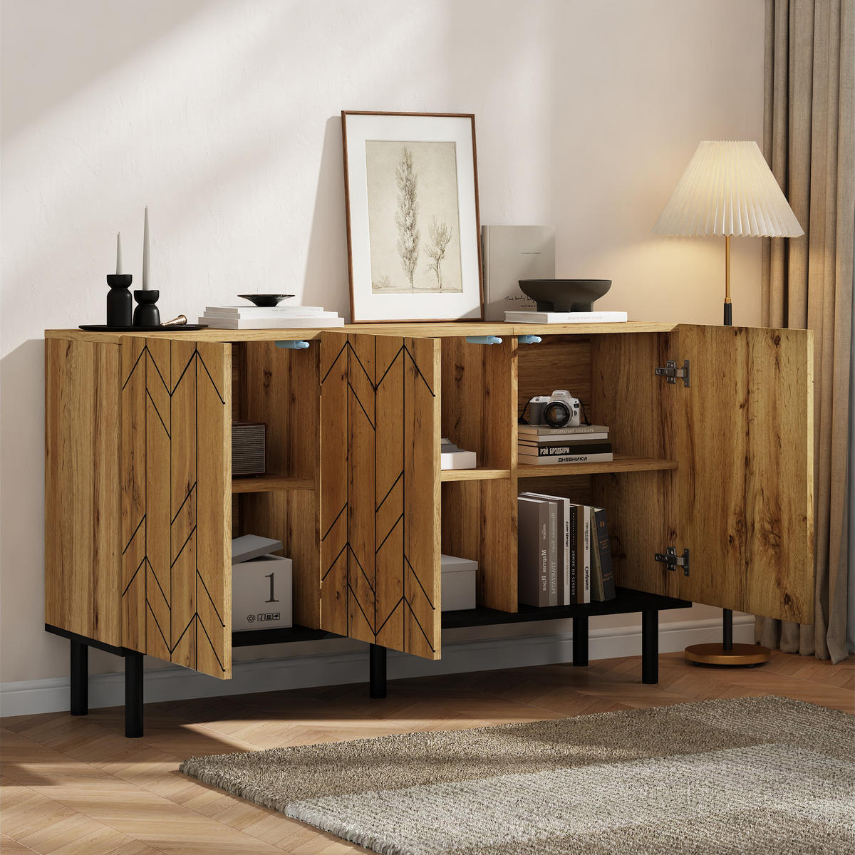 SIDEBOARD 120cm 3 Türen Wellenmuster Naturholz Metallbeine - Naturfarben, Holzwerkstoff (120/70/35cm) - FLIEKS