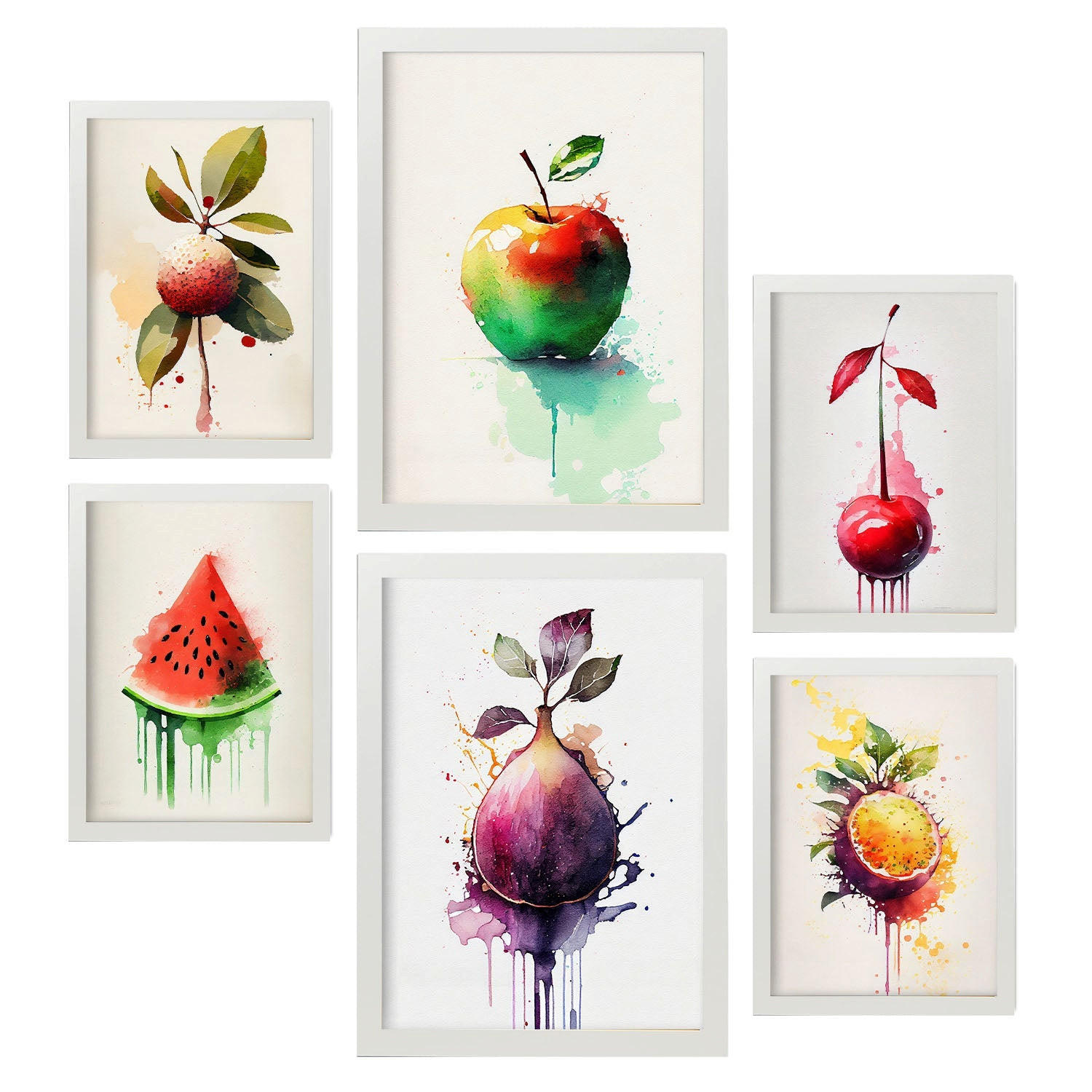POSTER Set Mit 6 Regenbogenfrüchte Plakate Von Obst Gemüse & Gesunden Lebensmitteln Im Aquarell Kunst Auf Reinweißen A3 & A4 Weißer Rahmen - Weiß, Papier (29/3cm) - Nacnic