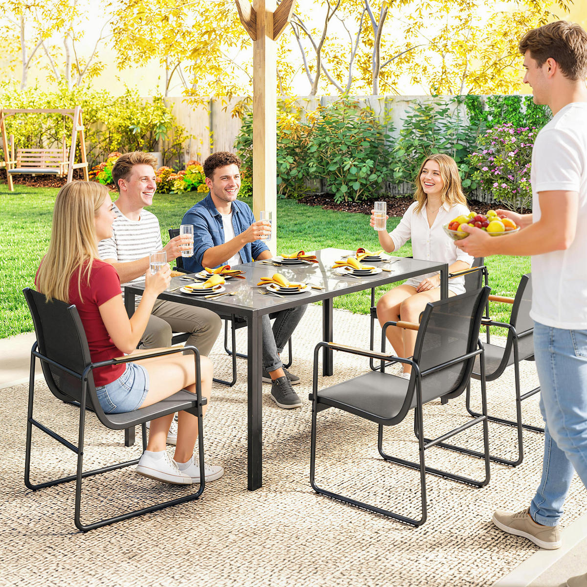 GARTENTISCHGRUPPE DE-18126 7-teilig, mit Mesh-Bezug & Teak-Armlehnen Grau - Grau, Metall - ComfortXL