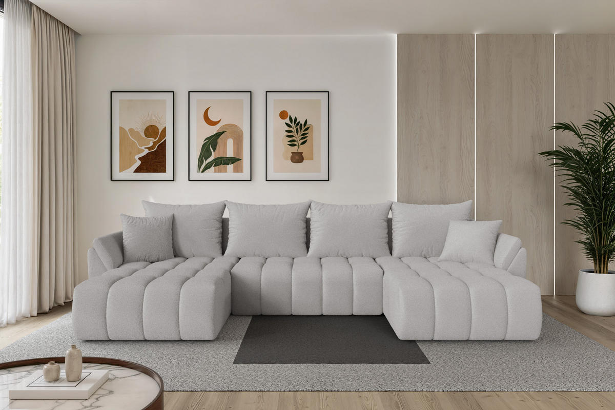 SEDACÍ SOUPRAVA DO U s funkcí spaní a úložným prostorem TOKO-U-v1 378x194x86 světle šedá bouclé - černá/stříbrná, kompozitní dřevo/textil (378/86/194cm) - ALTDECOR