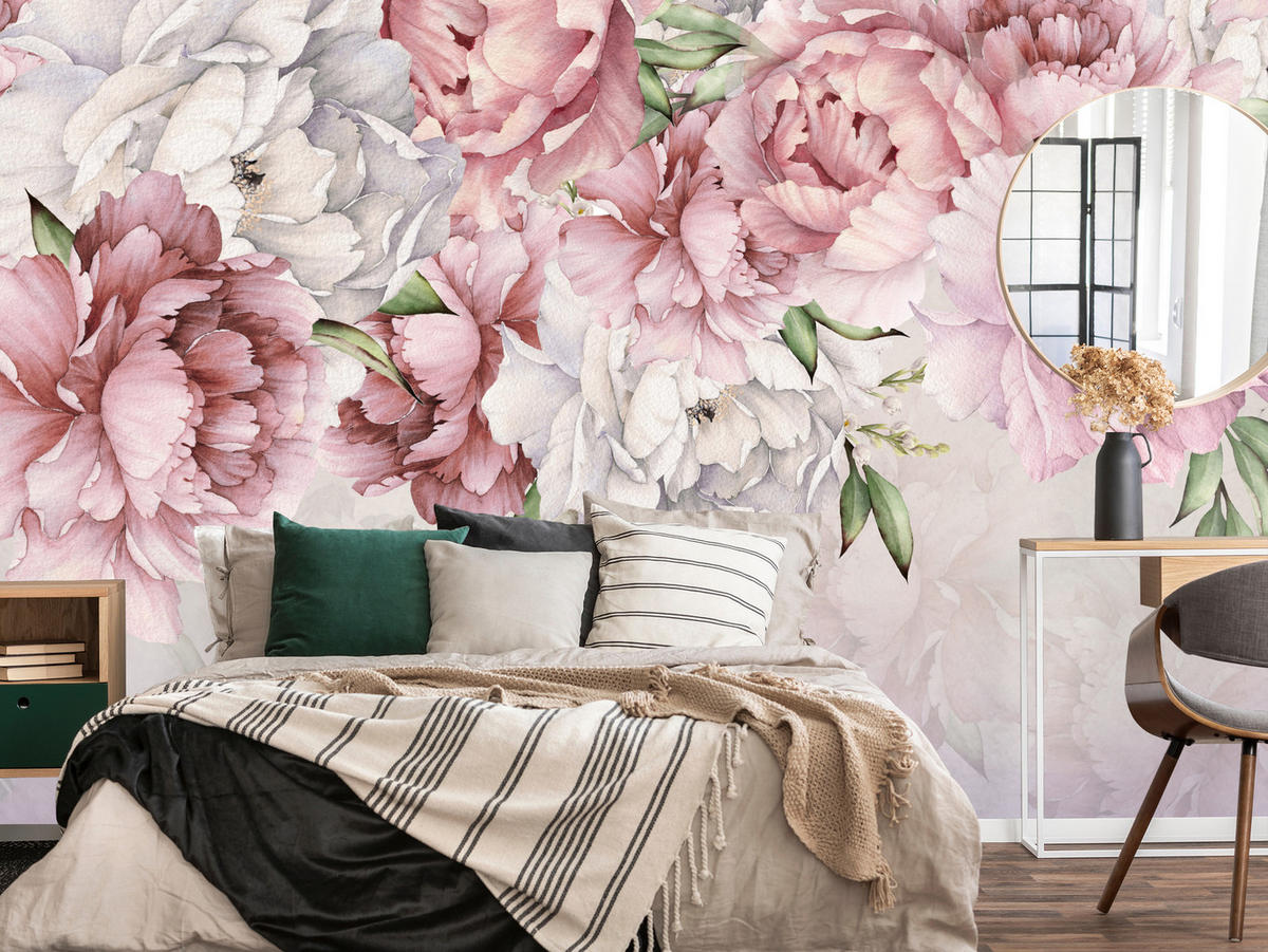 FOTOTAPETE für Schlafzimmer Rosa Zarte Pfingstrosen Natur 100x70 - Violett/Rosa, Papier (100/70cm) - Muralo