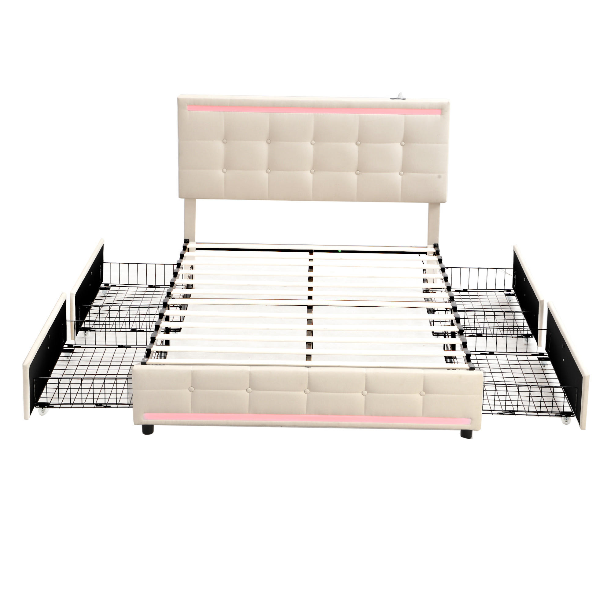 POLSTERBETT 140/200 cm Beige LED-Bett mit 4 Schubladen und USB-Anschluss - Beige, Textil (140/200cm) - OKWISH