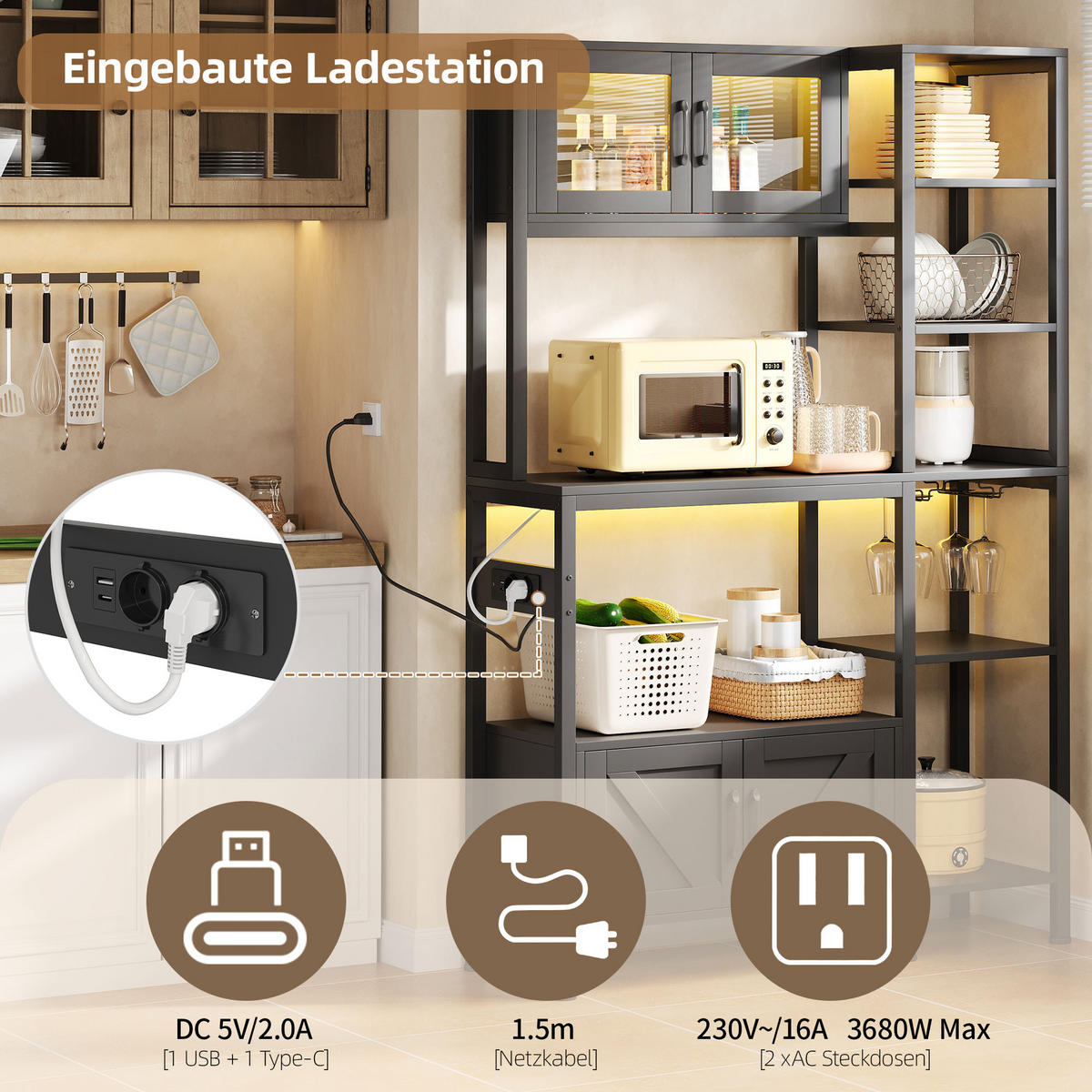 BUFFET 115/40/180 cm Schwarz mit LED-Lichtern, Barregal, Aufbewahrungsfunktion und Weinglashalter - Schwarz, Holz (115/180/40cm) - Oxeza
