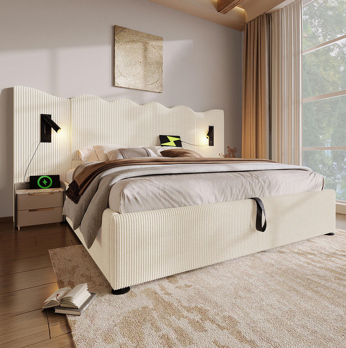 ČALÚNENÁ posteľ 180x200 cm z kordurového materiálu béžovo-biela s LED lampou, USB a úložným priestorom - béžová, textil (180/200cm) - Modfu
