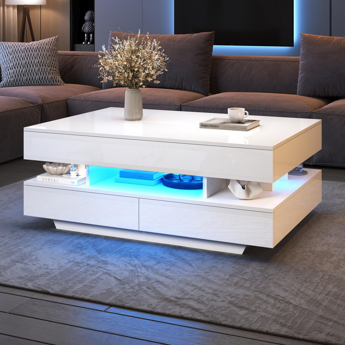 COUCHTISCH in Weiß Höhenverstellbarer Wohnzimmertisch mit LED & Stauraum, Lift-Top bis 58,5cm, 100/50/45cm - Weiß, Holzwerkstoff/Metall (50/100/45cm) - STILVORA