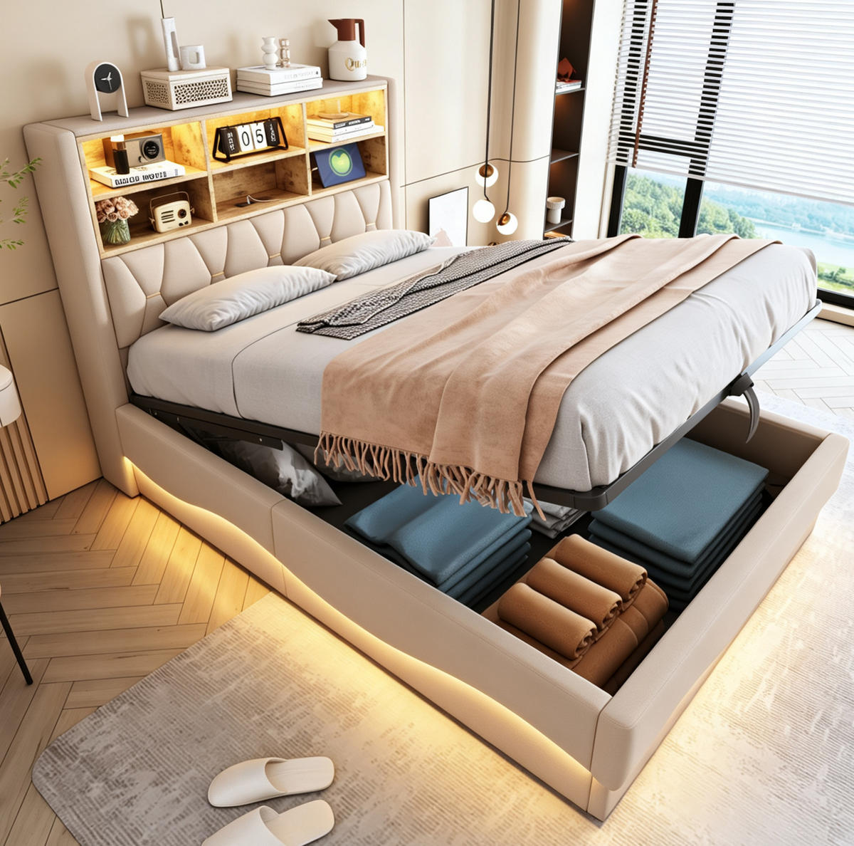 POLSTERBETT aus Leinen, Metall und Holzwerkstoffen 140x200 cm Beige mit LED-Beleuchtung, USB und Stauraum - Beige, Metall (140/200cm) - Modfu