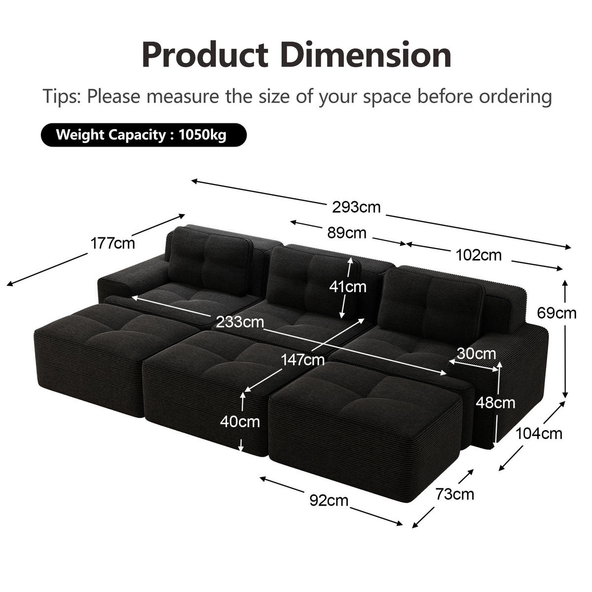 3-SITZER Sofa 293×177×69 cm Cordstoff knochenlos modular mit 3 Hockern, schwarz - Schwarz, Textil (177/69/293cm)
